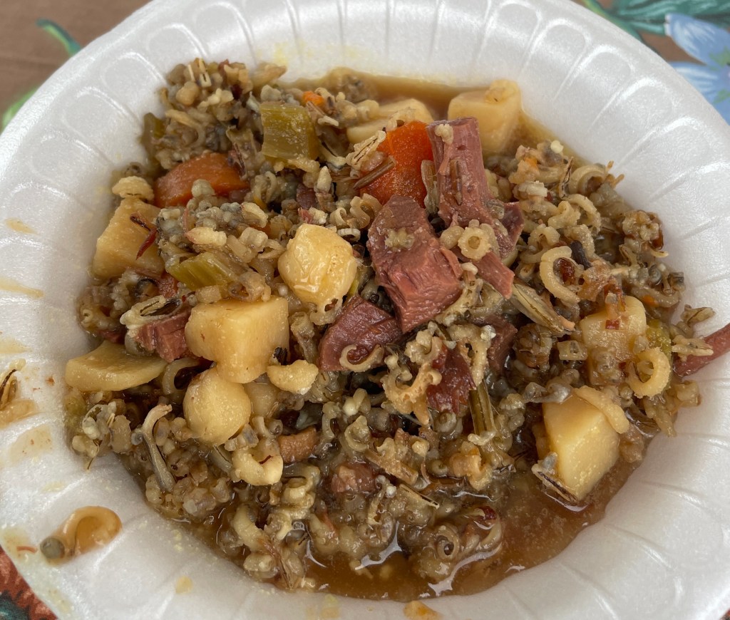 Deer and wild rice soup in a bowl